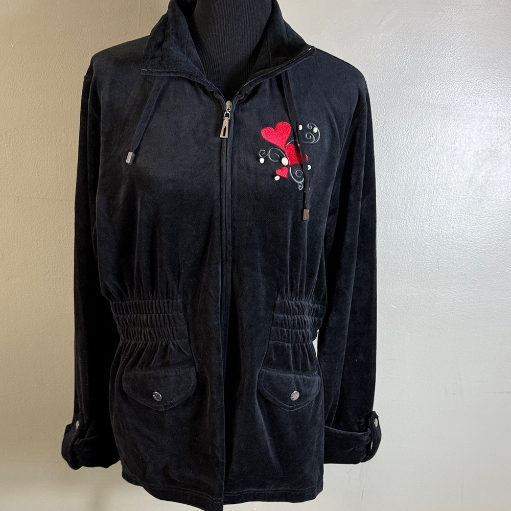 Lynngarbo Black Velour Velvet Hoodie Zip-Up Jacket Embroidered Hearts Sz XL NEW